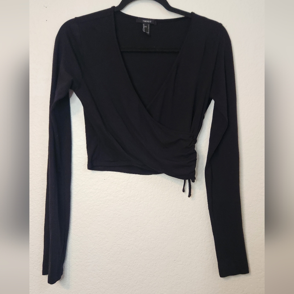 Forever 21 Long Sleeve Crop Wrap Shirt with Sinching on Right Side, Size L